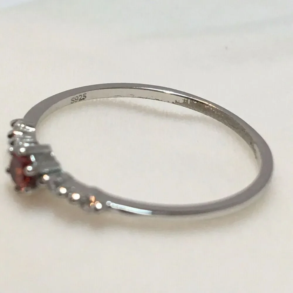 Sterling Silver Ring Size 7.75 925 Thin Band Red Cubic Zirconia CZ Dainty - Flaw